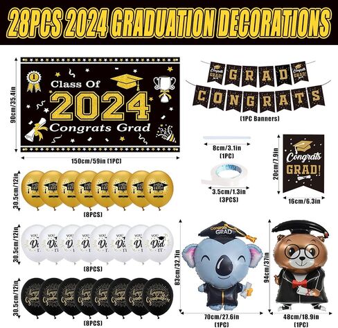 Graduation Decorations Class of 2024 Black and Gold Themed - 2024 Graduation Foil Balloons Congrats Grad Banner Graduation Backdrop Kindergarten Graduation Congrats Grad Party Decorations Supplies in Saudi Arabia