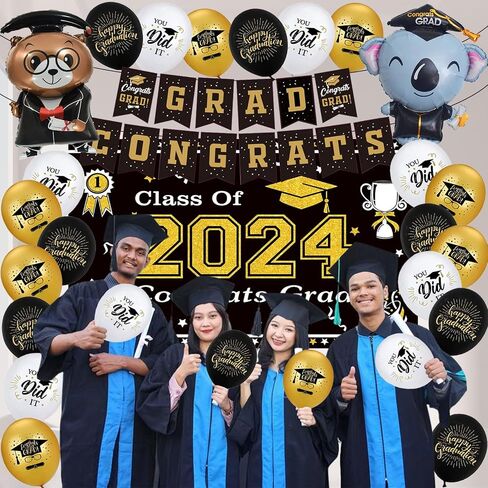 Graduation Decorations Class of 2024 Black and Gold Themed - 2024 Graduation Foil Balloons Congrats Grad Banner Graduation Backdrop Kindergarten Graduation Congrats Grad Party Decorations Supplies in Saudi Arabia