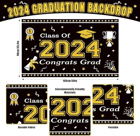 Graduation Decorations Class of 2024 Black and Gold Themed - 2024 Graduation Foil Balloons Congrats Grad Banner Graduation Backdrop Kindergarten Graduation Congrats Grad Party Decorations Supplies in Saudi Arabia