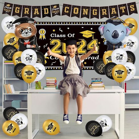 Graduation Decorations Class of 2024 Black and Gold Themed - 2024 Graduation Foil Balloons Congrats Grad Banner Graduation Backdrop Kindergarten Graduation Congrats Grad Party Decorations Supplies in Saudi Arabia