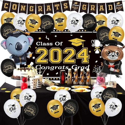 Graduation Decorations Class of 2024 Black and Gold Themed - 2024 Graduation Foil Balloons Congrats Grad Banner Graduation Backdrop Kindergarten Graduation Congrats Grad Party Decorations Supplies in Saudi Arabia