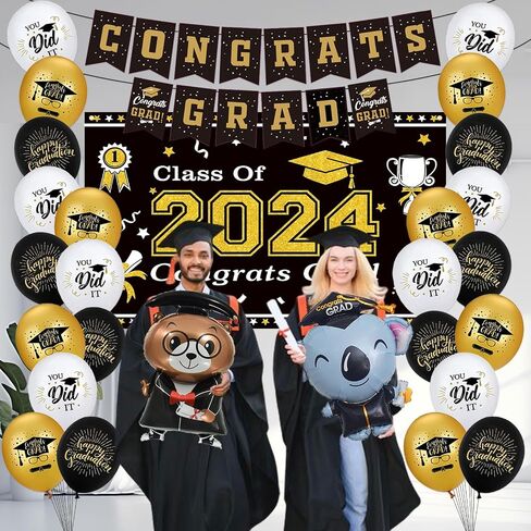 Graduation Decorations Class of 2024 Black and Gold Themed - 2024 Graduation Foil Balloons Congrats Grad Banner Graduation Backdrop Kindergarten Graduation Congrats Grad Party Decorations Supplies in Saudi Arabia
