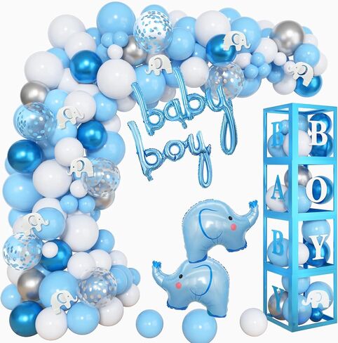 Amandir 134pcs Elephant Baby Shower Decorations for Boy Box, Foil Baby Boy White Blue Balloon Garland Elephant Stickers Baby Boxes with Letters (A-Z) for Boy 1st Birthday Gender Reveal Party Supplies in Saudi Arabia