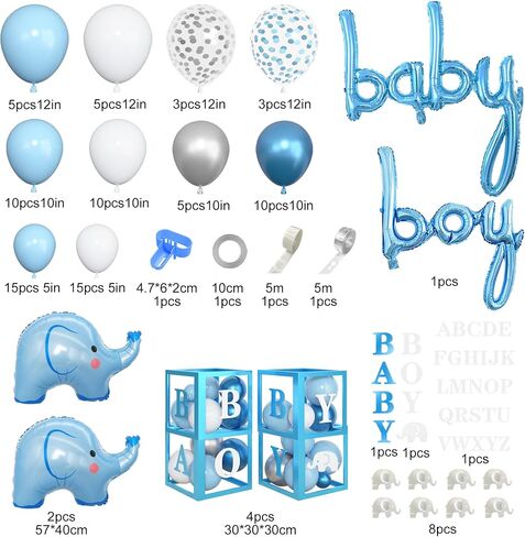 Amandir 134pcs Elephant Baby Shower Decorations for Boy Box, Foil Baby Boy White Blue Balloon Garland Elephant Stickers Baby Boxes with Letters (A-Z) for Boy 1st Birthday Gender Reveal Party Supplies in Saudi Arabia