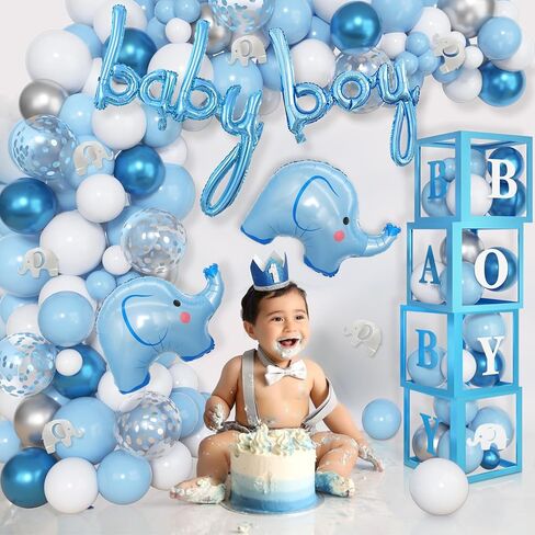 Amandir 134pcs Elephant Baby Shower Decorations for Boy Box, Foil Baby Boy White Blue Balloon Garland Elephant Stickers Baby Boxes with Letters (A-Z) for Boy 1st Birthday Gender Reveal Party Supplies in Saudi Arabia