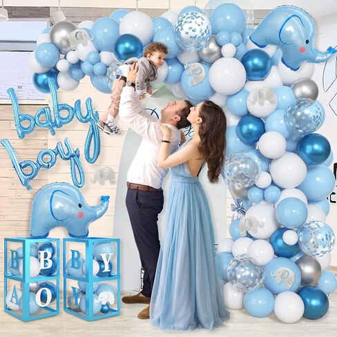 Amandir 134pcs Elephant Baby Shower Decorations for Boy Box, Foil Baby Boy White Blue Balloon Garland Elephant Stickers Baby Boxes with Letters (A-Z) for Boy 1st Birthday Gender Reveal Party Supplies in Saudi Arabia