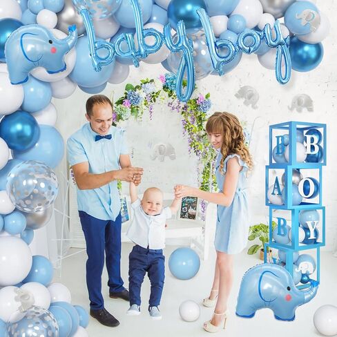 Amandir 134pcs Elephant Baby Shower Decorations for Boy Box, Foil Baby Boy White Blue Balloon Garland Elephant Stickers Baby Boxes with Letters (A-Z) for Boy 1st Birthday Gender Reveal Party Supplies in Saudi Arabia