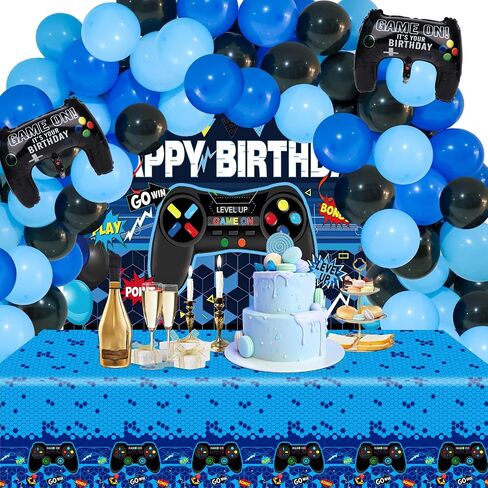LovesTown 70PCS Video Game Balloon Garland Kit, Video Game Backdrop Table Covers Blue Birthday Balloon Arch Party Decorations for Party Birthday Supplies in Saudi Arabia