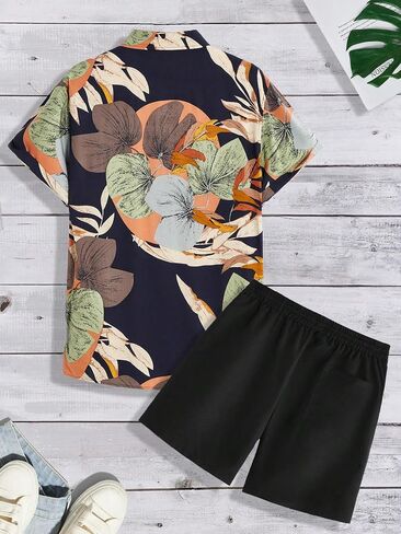 SweatyRocks Men's 2 Piece Outfits Tropical Print Button Down Shirt and Drawstring Waist Shorts Set in Saudi Arabia