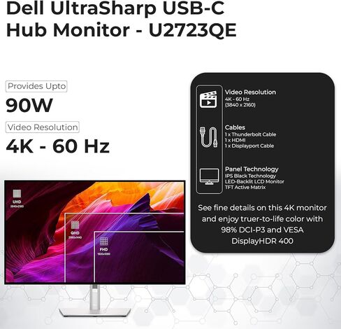 شاشة U3223QE UltraSharp Dell مقاس 32 بوصة بدقة 4K UHD WLED LCD - شاشة Dell مقاس 16:9 مقاس 32 بوصة مع سلك طاقة + كابل USB A-C + كابل USB C-C + كابل DisplayPort + قطعة قماش من الألياف الدقيقة متضمنة in Kuwait