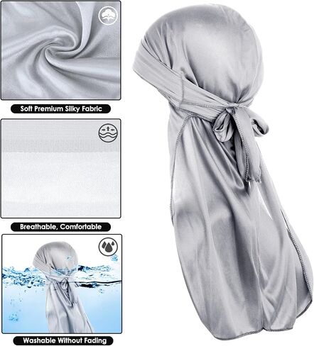 Silky Durag for Men Silk Bonnet 360 Waves Ultra-Soft Wave Cap Premium Satin Durags Extra Long Tails(Black) in Saudi Arabia
