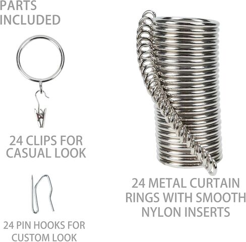 Curtain-Clip Rings with Hooks Drapery-Decorative - 1.5 Inch Inside Diameter Included Pin Hooks and Clips Designed to Effortlessly Hold Up 2 Standard Curtains 24Pcs Gold Exselens in Saudi Arabia
