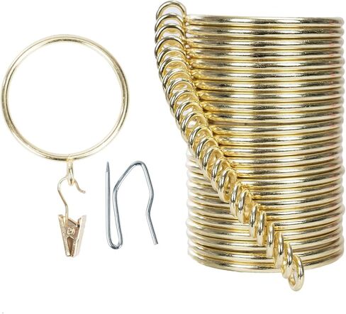 Curtain-Clip Rings with Hooks Drapery-Decorative - 1.5 Inch Inside Diameter Included Pin Hooks and Clips Designed to Effortlessly Hold Up 2 Standard Curtains 24Pcs Gold Exselens in Saudi Arabia