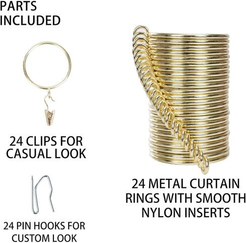 Curtain-Clip Rings with Hooks Drapery-Decorative - 1.5 Inch Inside Diameter Included Pin Hooks and Clips Designed to Effortlessly Hold Up 2 Standard Curtains 24Pcs Gold Exselens in Saudi Arabia