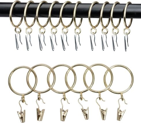 Curtain-Clip Rings with Hooks Drapery-Decorative - 1.5 Inch Inside Diameter Included Pin Hooks and Clips Designed to Effortlessly Hold Up 2 Standard Curtains 24Pcs Gold Exselens in Saudi Arabia