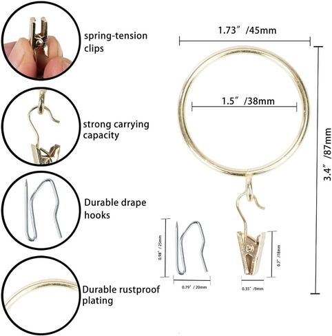 Curtain-Clip Rings with Hooks Drapery-Decorative - 1.5 Inch Inside Diameter Included Pin Hooks and Clips Designed to Effortlessly Hold Up 2 Standard Curtains 24Pcs Gold Exselens in Saudi Arabia