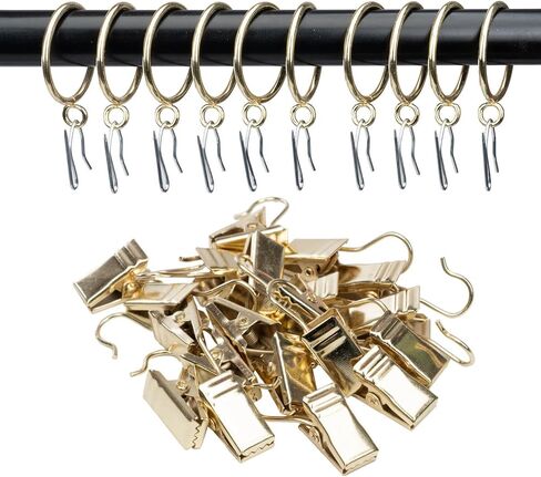 Curtain-Clip Rings with Hooks Drapery-Decorative - 1.5 Inch Inside Diameter Included Pin Hooks and Clips Designed to Effortlessly Hold Up 2 Standard Curtains 24Pcs Gold Exselens in Saudi Arabia