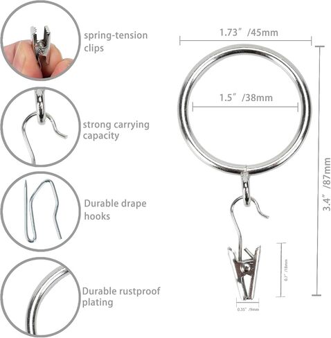 Curtain-Clip Rings with Hooks Drapery-Decorative - 1.5 Inch Inside Diameter Included Pin Hooks and Clips Designed to Effortlessly Hold Up 2 Standard Curtains 24Pcs Gold Exselens in Saudi Arabia