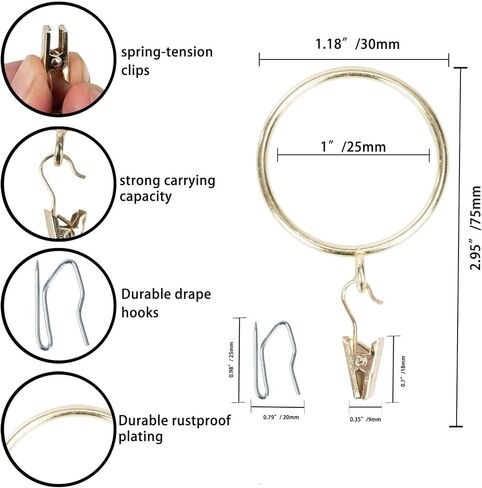 Curtain-Clip Rings with Hooks Drapery-Decorative - 1.5 Inch Inside Diameter Included Pin Hooks and Clips Designed to Effortlessly Hold Up 2 Standard Curtains 24Pcs Gold Exselens in Saudi Arabia