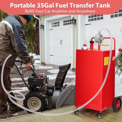 Fuel Caddy, 35 Gallon Portable Gas Storage Tank On 4 Wheels with Manual Transfer Pump, Gasoline Diesel Fuel Container with Manual Transfer Siphon Pump, for Cars, Lawn Mowers, ATVs, Boats, Red in Saudi Arabia
