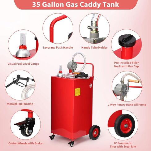 Fuel Caddy, 35 Gallon Portable Gas Storage Tank On 4 Wheels with Manual Transfer Pump, Gasoline Diesel Fuel Container with Manual Transfer Siphon Pump, for Cars, Lawn Mowers, ATVs, Boats, Red in Saudi Arabia