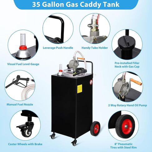 Fuel Caddy, 35 Gallon Portable Gas Storage Tank On 4 Wheels with Manual Transfer Pump, Gasoline Diesel Fuel Container with Manual Transfer Siphon Pump, for Cars, Lawn Mowers, ATVs, Boats, Red in Saudi Arabia