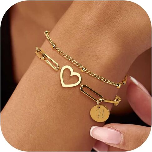 Sanfenly Initial Bracelets For Women Teen Girls, 14K Gold Plated Stainless Steel Personalized Engraved A-Z Letter Bracelet Layered Heart Monogram Name Coin Disc Charm Stackable Stack Stacked Stacking Bracelet Set in Saudi Arabia