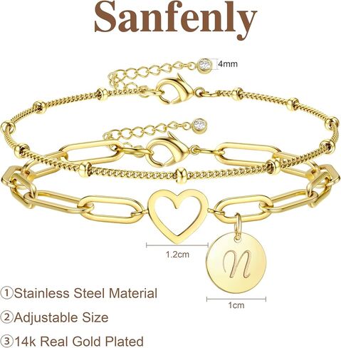 Sanfenly Initial Bracelets For Women Teen Girls, 14K Gold Plated Stainless Steel Personalized Engraved A-Z Letter Bracelet Layered Heart Monogram Name Coin Disc Charm Stackable Stack Stacked Stacking Bracelet Set in Saudi Arabia