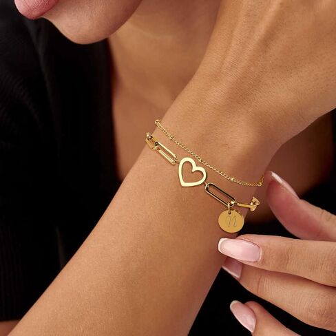 Sanfenly Initial Bracelets For Women Teen Girls, 14K Gold Plated Stainless Steel Personalized Engraved A-Z Letter Bracelet Layered Heart Monogram Name Coin Disc Charm Stackable Stack Stacked Stacking Bracelet Set in Saudi Arabia