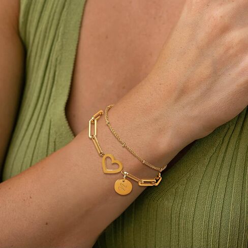 Sanfenly Initial Bracelets For Women Teen Girls, 14K Gold Plated Stainless Steel Personalized Engraved A-Z Letter Bracelet Layered Heart Monogram Name Coin Disc Charm Stackable Stack Stacked Stacking Bracelet Set in Saudi Arabia