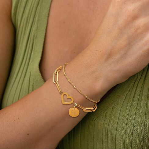 Sanfenly Initial Bracelets For Women Teen Girls, 14K Gold Plated Stainless Steel Personalized Engraved A-Z Letter Bracelet Layered Heart Monogram Name Coin Disc Charm Stackable Stack Stacked Stacking Bracelet Set in Saudi Arabia