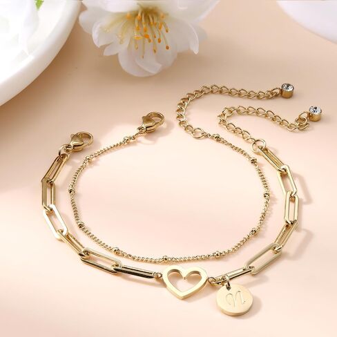 Sanfenly Initial Bracelets For Women Teen Girls, 14K Gold Plated Stainless Steel Personalized Engraved A-Z Letter Bracelet Layered Heart Monogram Name Coin Disc Charm Stackable Stack Stacked Stacking Bracelet Set in Saudi Arabia