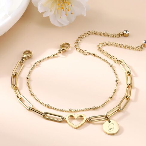 Sanfenly Initial Bracelets For Women Teen Girls, 14K Gold Plated Stainless Steel Personalized Engraved A-Z Letter Bracelet Layered Heart Monogram Name Coin Disc Charm Stackable Stack Stacked Stacking Bracelet Set in Saudi Arabia