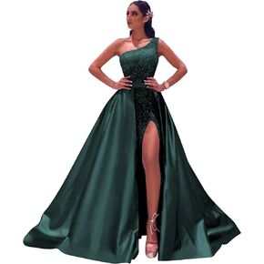 Women's Sparkly One Shoulder Sequin Prom Dresses Long 2024 Sheath Formal Evening Gown with Detachable Train VT008