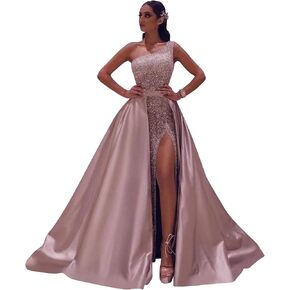 Women's Sparkly One Shoulder Sequin Prom Dresses Long 2024 Sheath Formal Evening Gown with Detachable Train VT008 in Kuwait