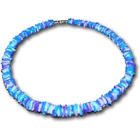 Mens and Womens Summer Beach Party Necklace From the Philippines, Color-Fast White Rose Clam Chips Ark Shells Tie-Dyed Blue, Violet and White