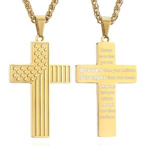 Apsvo 24 Inches American Flag Cross Necklace, Stainless Steel Inspirational Bible Verse Cross Pendant Chain for Boys Men.