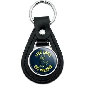GRAPHICS & MORE Black Leather Star Trek Live Long and Prosper Keychain