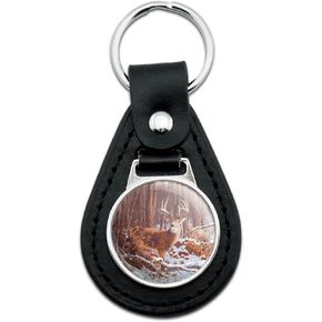 GRAPHICS & MORE Black Leather Deer Behind Cabin at Woodpile Keychain