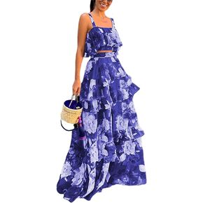 SOMTHRON Women's Summer 2 Piece Outfits Floral Print Strap Crop Tops Tiered Ruffle Skirt Sets Maxi Long Dress