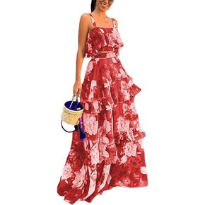 SOMTHRON Women's Summer 2 Piece Outfits Floral Print Strap Crop Tops Tiered Ruffle Skirt Sets Maxi Long Dress