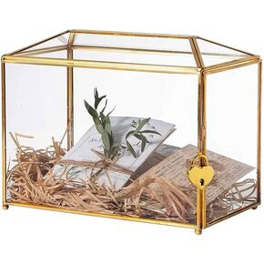 Golden Glass Lidded Box Decorative Jewelry Display Box Brass Clear Glass (Golden/Roof, 12.6" L x 5.9" W x 9" H)