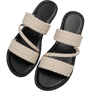 SweatyRocks Women's Color Block Braided Strap Flat Sandals PU Leather Open Toe Summer Shoes Beach Slides Sandals