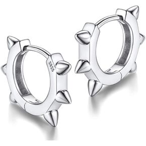 Spike Punk White Gold Rhodium Solid 925 Sterling Silver Small Spiked Thorn Hoop Earrings for Men Women Huggie Hoops Earrings, Nickel-Free, Hypoallergenic Jewelry,