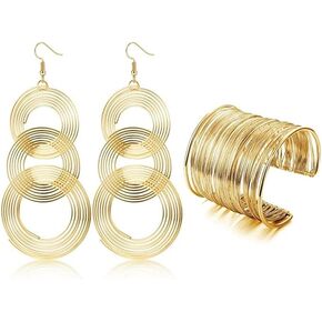 70s Disco Women Jewelry Set Metal Thin Thread Wire Coil Cuff Bracelet Triple Swirl Gold Earrings Trendy Boho Jewelry