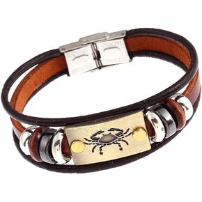 Ailiessy 12 Constellation Leather Bracelet Retro Leather Stainless Steel Zodiac Cuff Bangle Bracelet for Women Men Couple Jewelry
