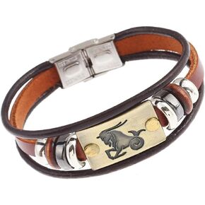 Ailiessy 12 Constellation Leather Bracelet Retro Leather Stainless Steel Zodiac Cuff Bangle Bracelet for Women Men Couple Jewelry
