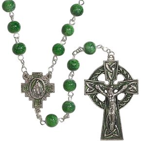 CB Green Celtic Rosary with Miraculous Medal Centerpiece Saint Patrick Blessing Prayer Card