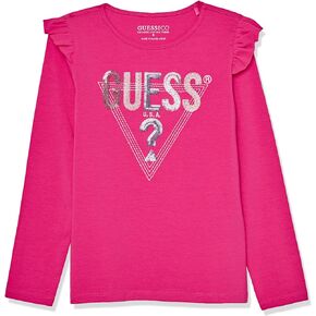 GUESS Girls' Organic Stretch Jersey Logo Top and Shoulder Frill