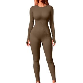 Women's Fall Crew Neck Long Sleeve One Piece Romper Ribbed Sport Yoga Jumpsuits